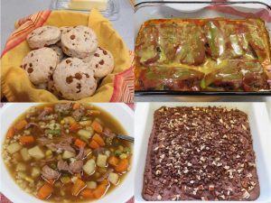 Cinnamon biscuits, stuffed chilies, vegetable beef soup, and brownies