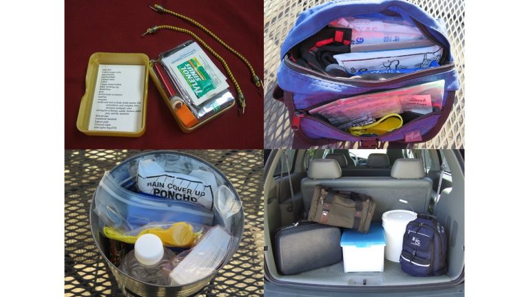 Emergency kit collage including cyclist's kit, fanny pack kit, car kit, and 72-hour kits in different containers