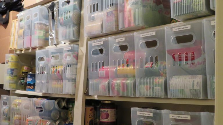 Canned goods in bins on closet shelves