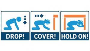 Drop Cover Hold On graphic for earthquake preparedness